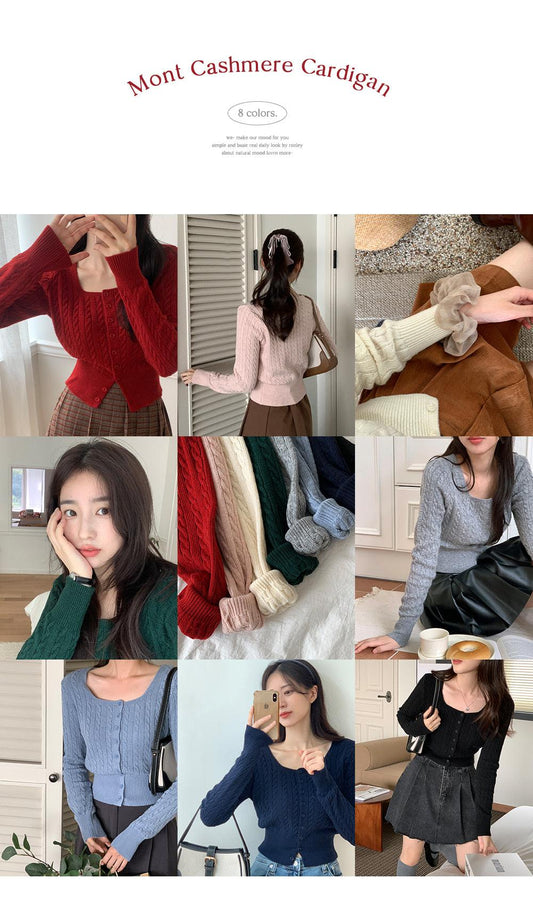 🐑Cashmere!羊絨方領麻花針織開衫<KR> - IKIMSTORE