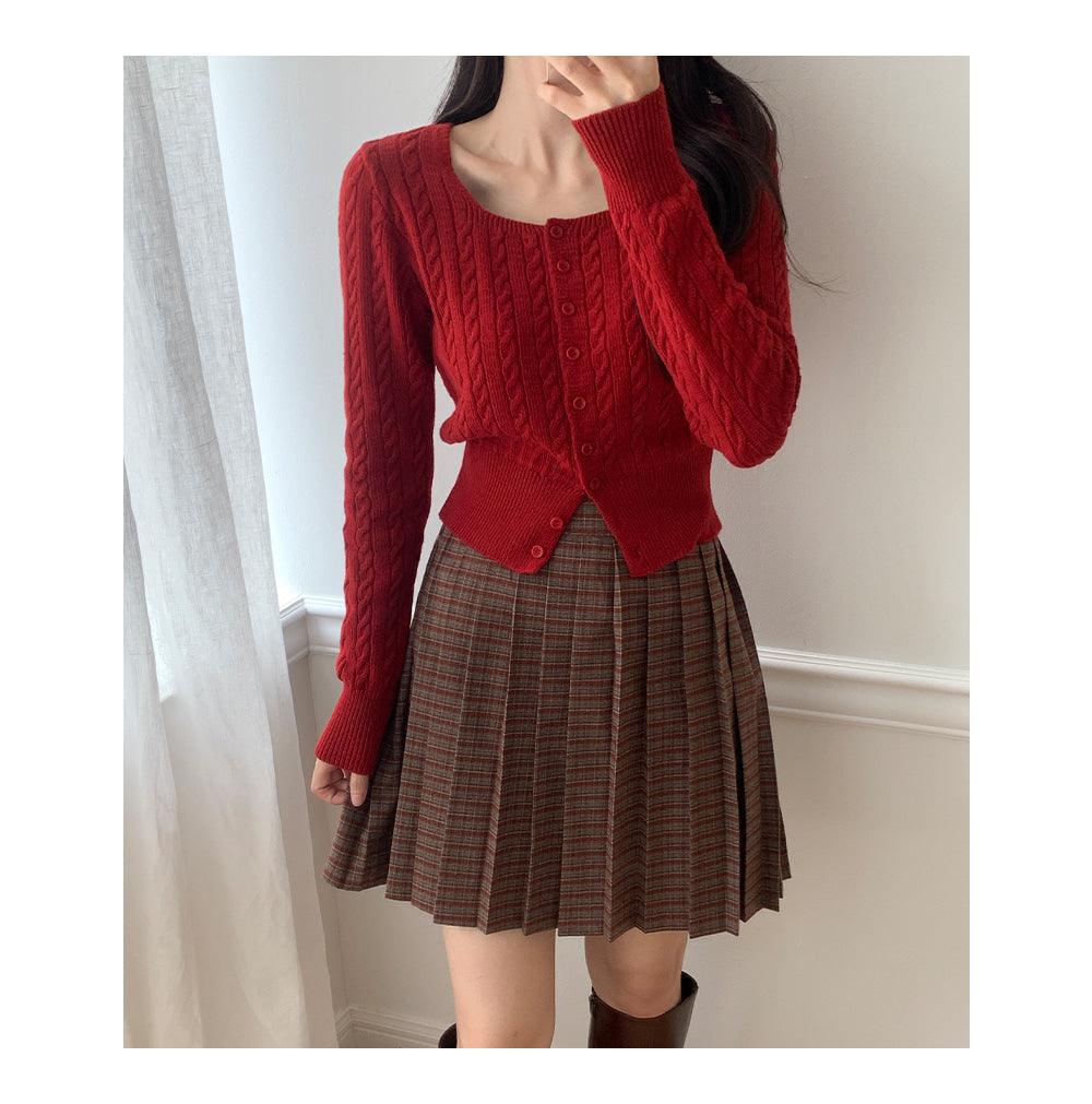 🐑Cashmere!羊絨方領麻花針織開衫<KR> - IKIMSTORE