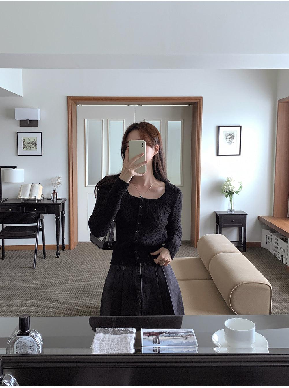🐑Cashmere!羊絨方領麻花針織開衫<KR> - IKIMSTORE