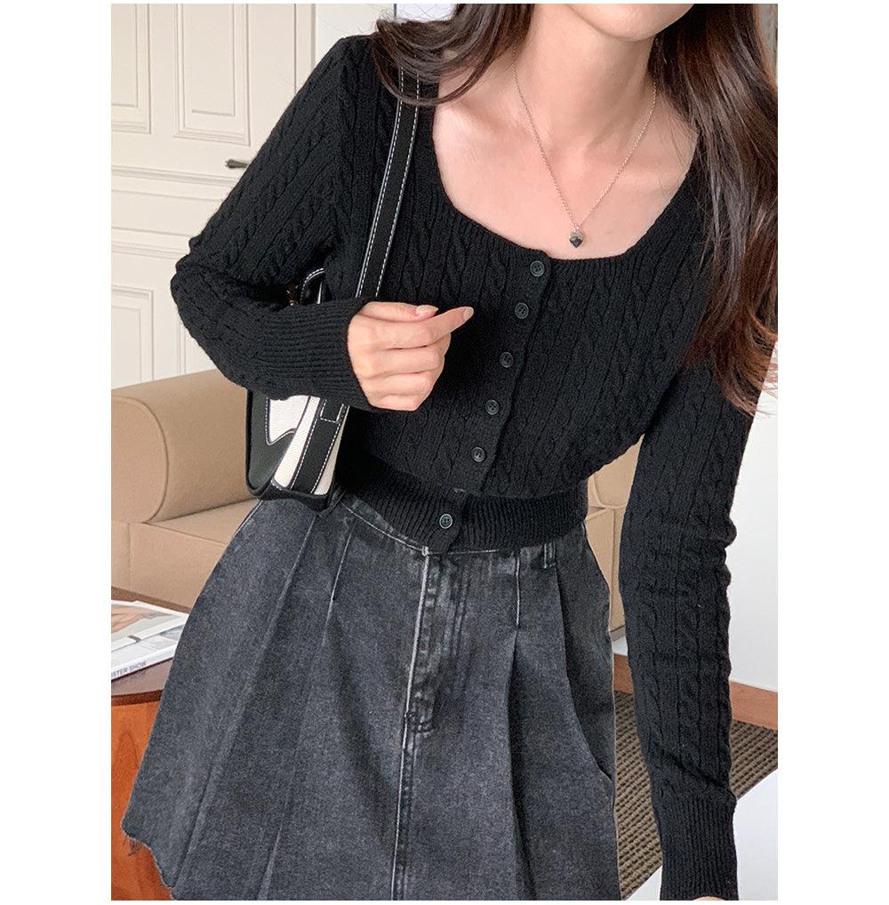 🐑Cashmere!羊絨方領麻花針織開衫<KR> - IKIMSTORE