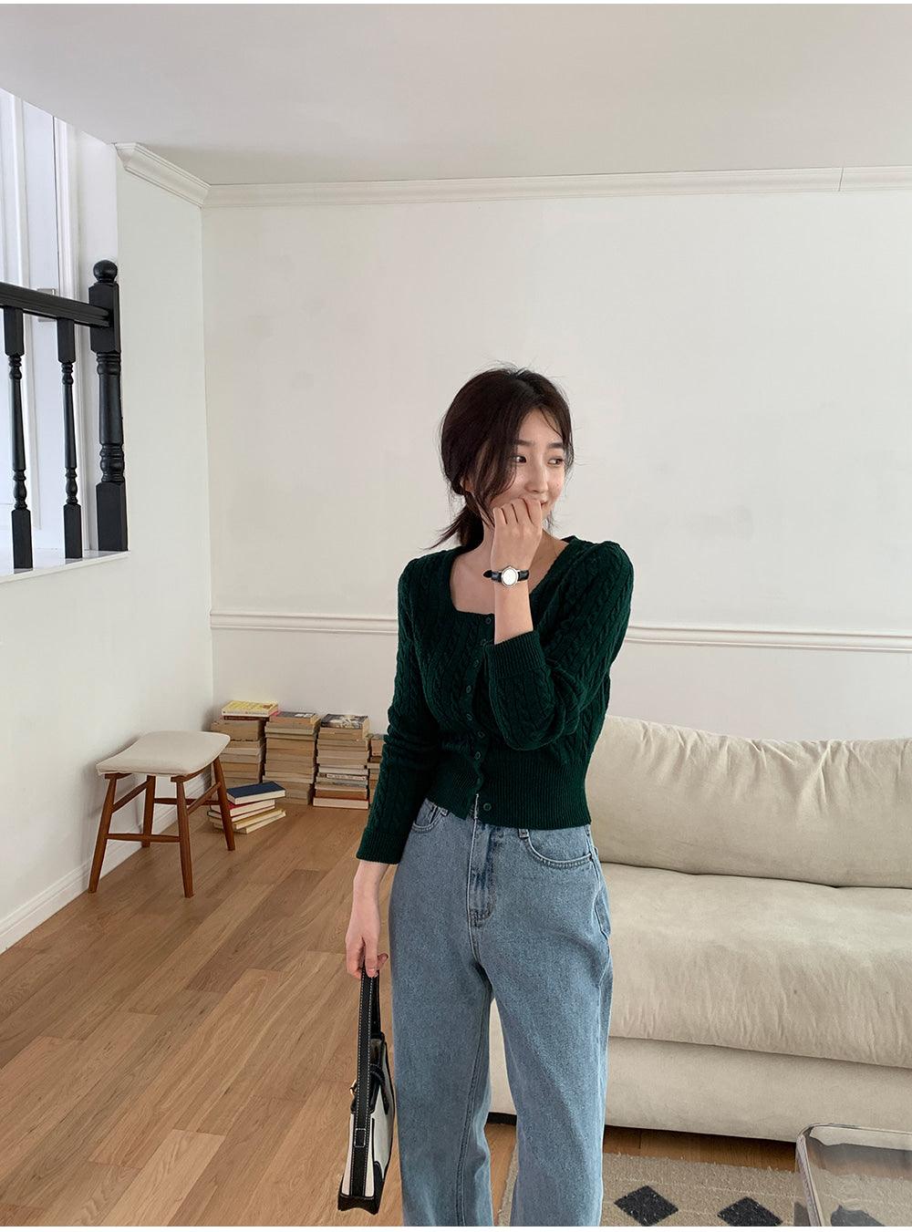 🐑Cashmere!羊絨方領麻花針織開衫<KR> - IKIMSTORE