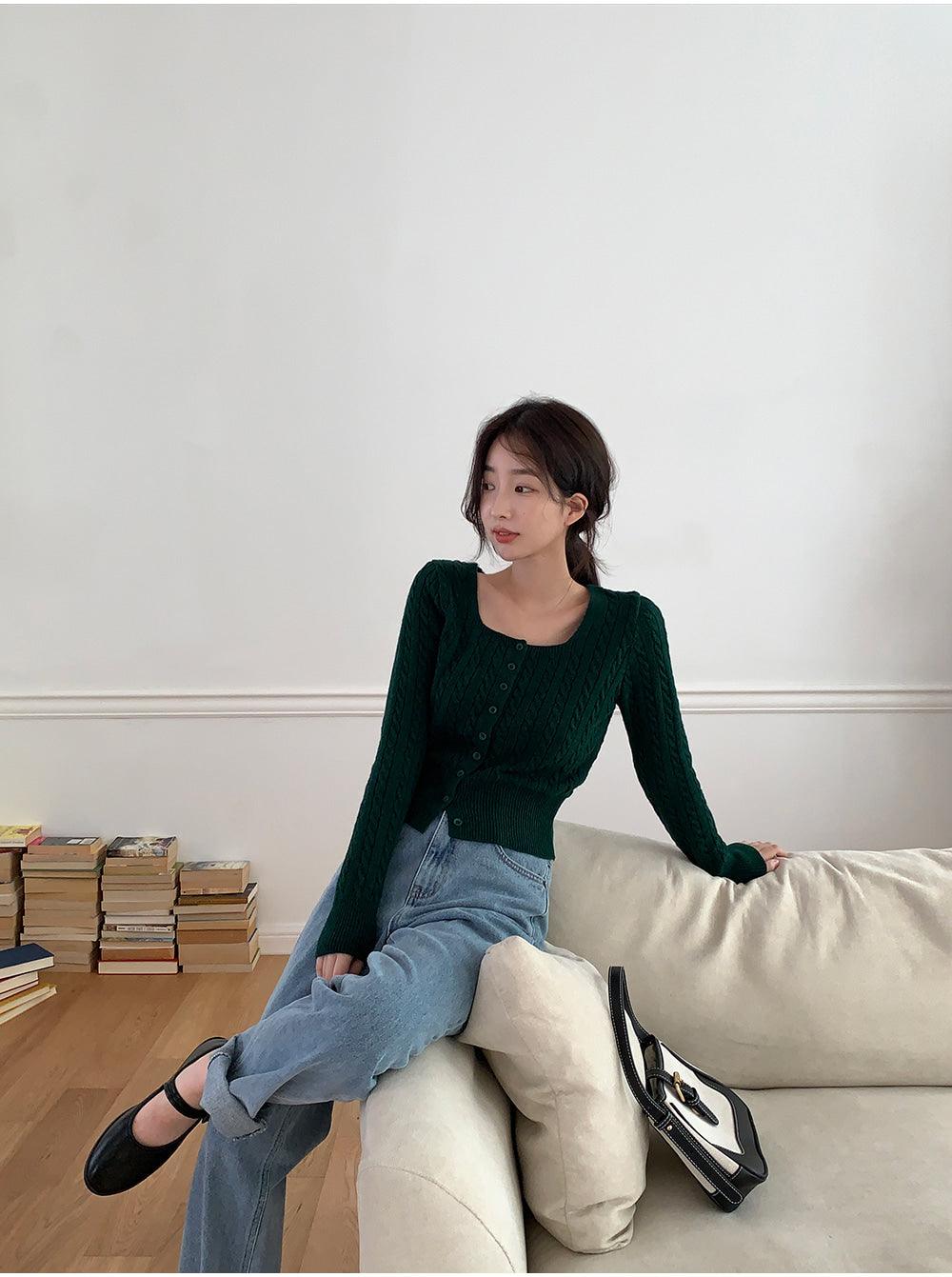 🐑Cashmere!羊絨方領麻花針織開衫<KR> - IKIMSTORE