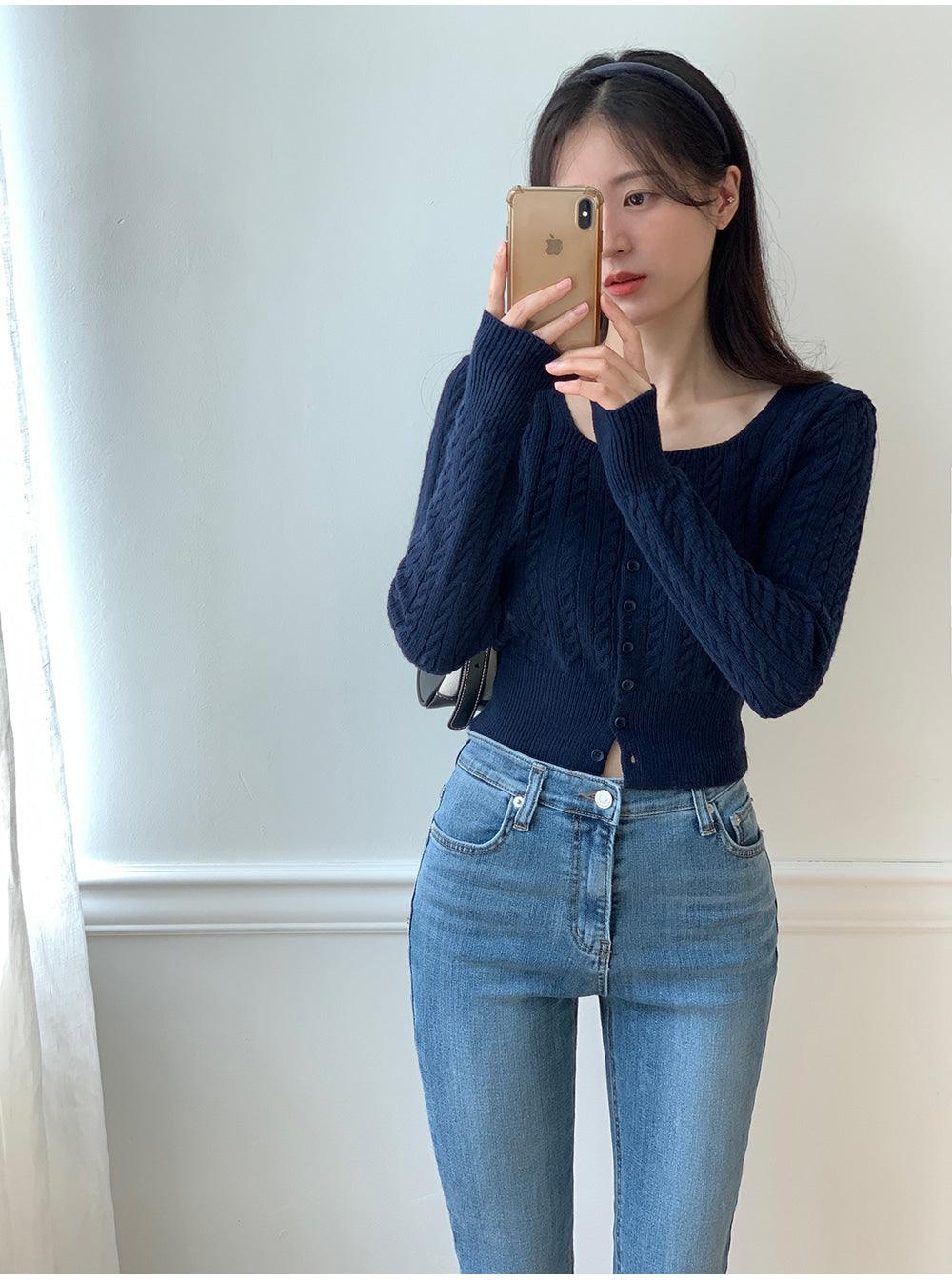 🐑Cashmere!羊絨方領麻花針織開衫<KR> - IKIMSTORE