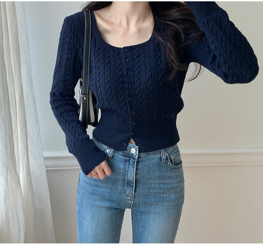 🐑Cashmere!羊絨方領麻花針織開衫<KR> - IKIMSTORE