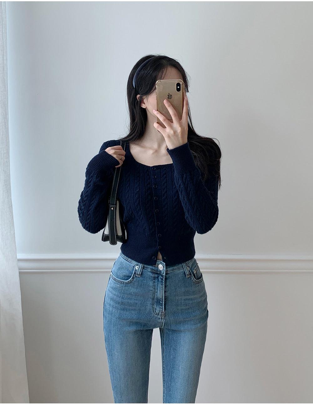 🐑Cashmere!羊絨方領麻花針織開衫<KR> - IKIMSTORE