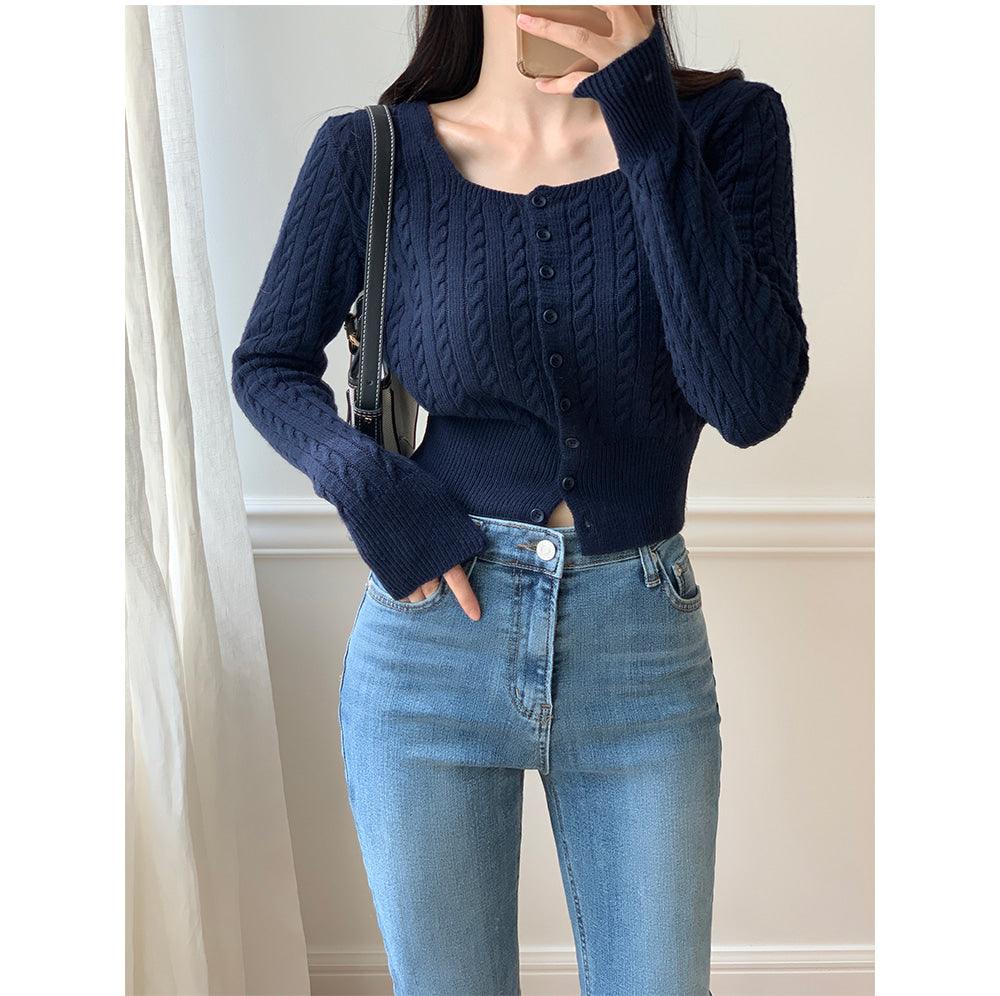 🐑Cashmere!羊絨方領麻花針織開衫<KR> - IKIMSTORE