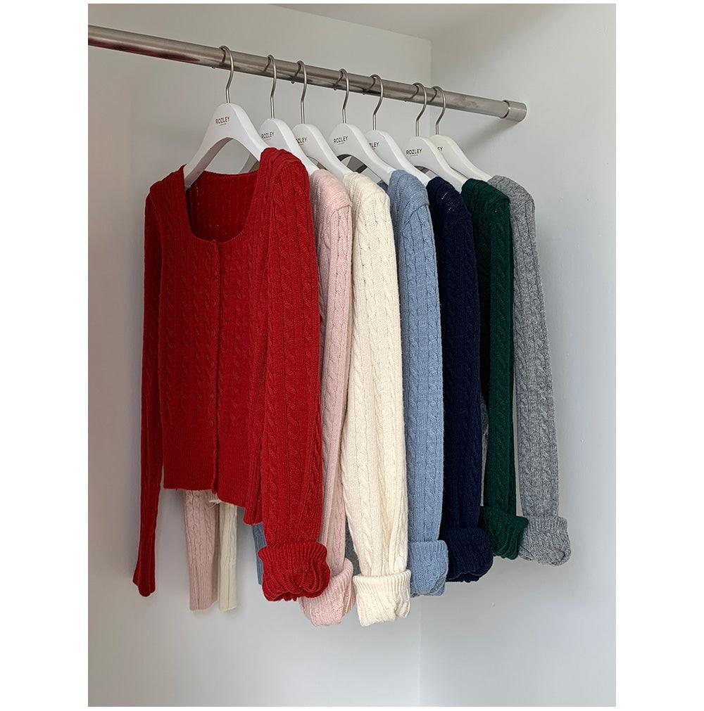 🐑Cashmere!羊絨方領麻花針織開衫<KR> - IKIMSTORE