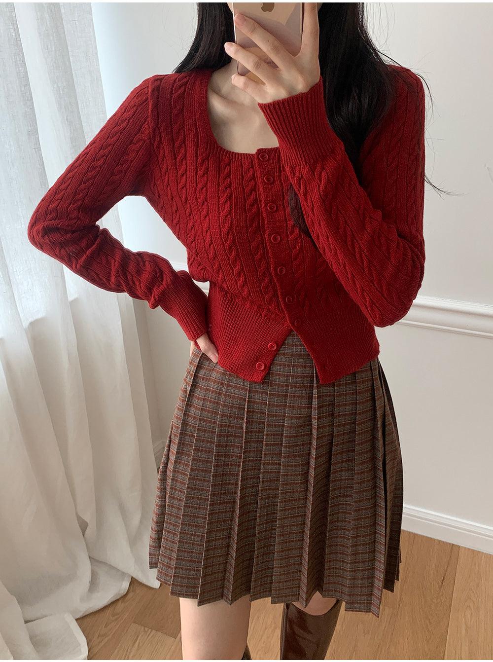 🐑Cashmere!羊絨方領麻花針織開衫<KR> - IKIMSTORE