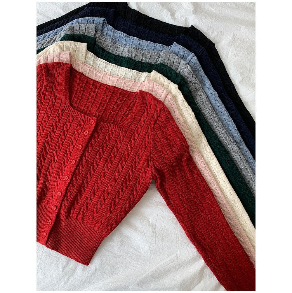 🐑Cashmere!羊絨方領麻花針織開衫<KR> - IKIMSTORE