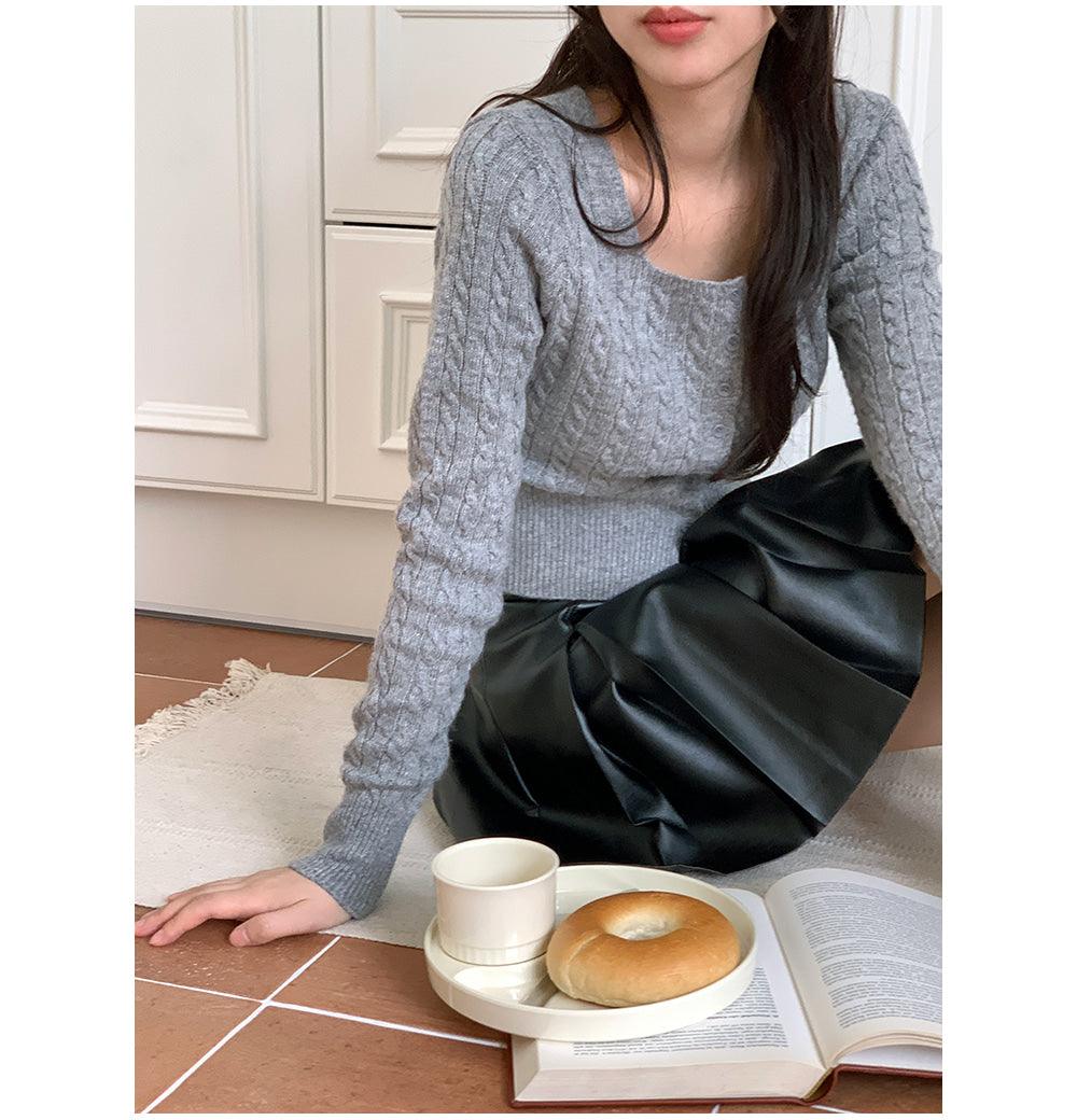 🐑Cashmere!羊絨方領麻花針織開衫<KR> - IKIMSTORE