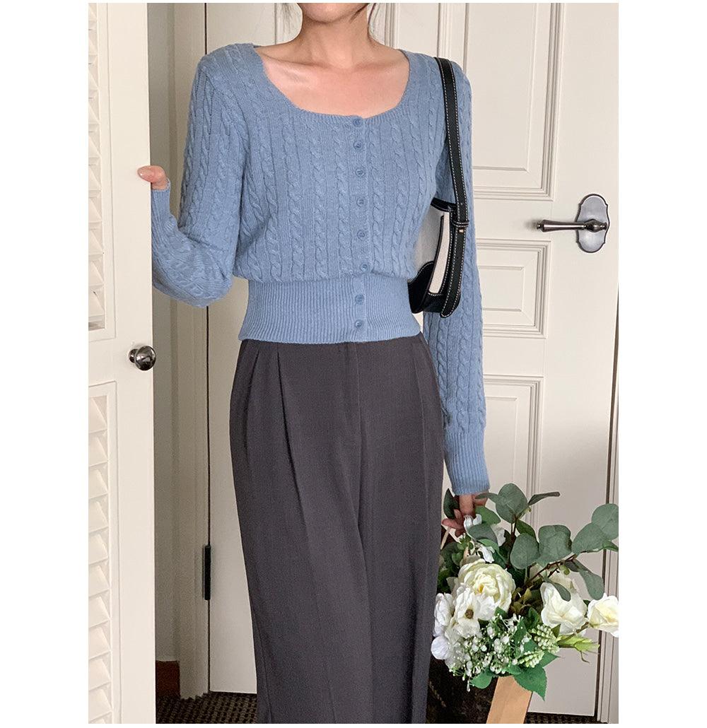🐑Cashmere!羊絨方領麻花針織開衫<KR> - IKIMSTORE
