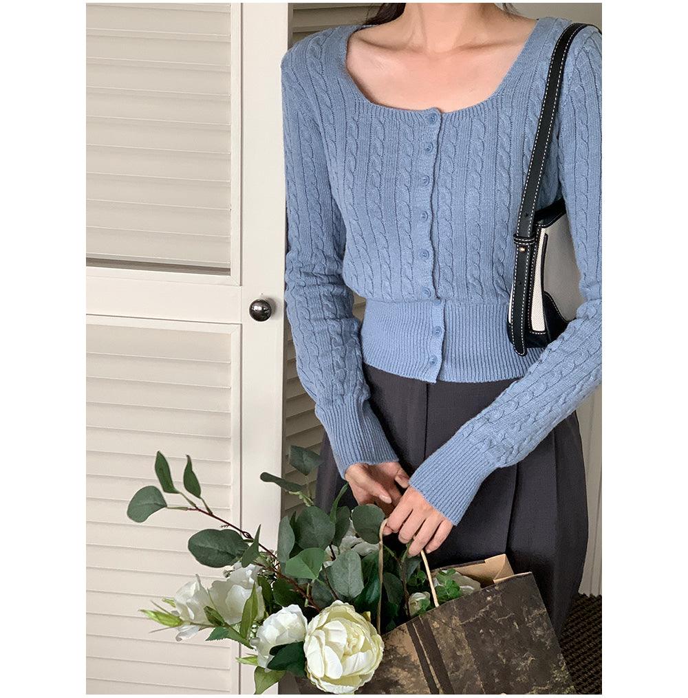🐑Cashmere!羊絨方領麻花針織開衫<KR> - IKIMSTORE