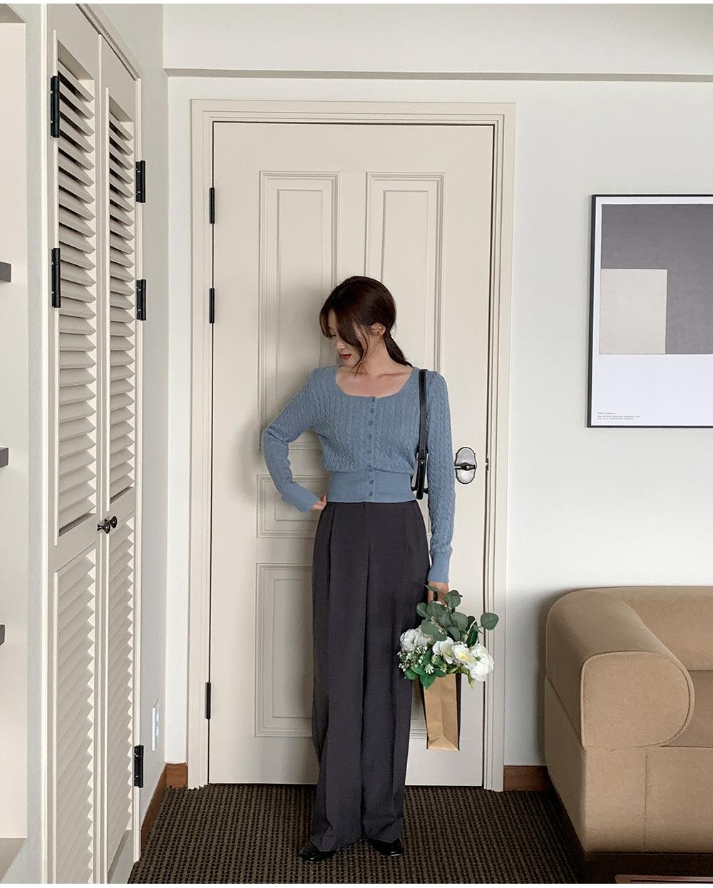 🐑Cashmere!羊絨方領麻花針織開衫<KR> - IKIMSTORE