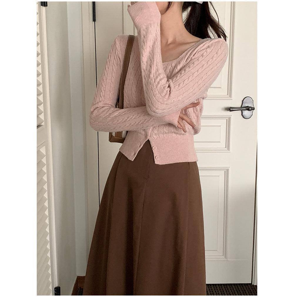🐑Cashmere!羊絨方領麻花針織開衫<KR> - IKIMSTORE
