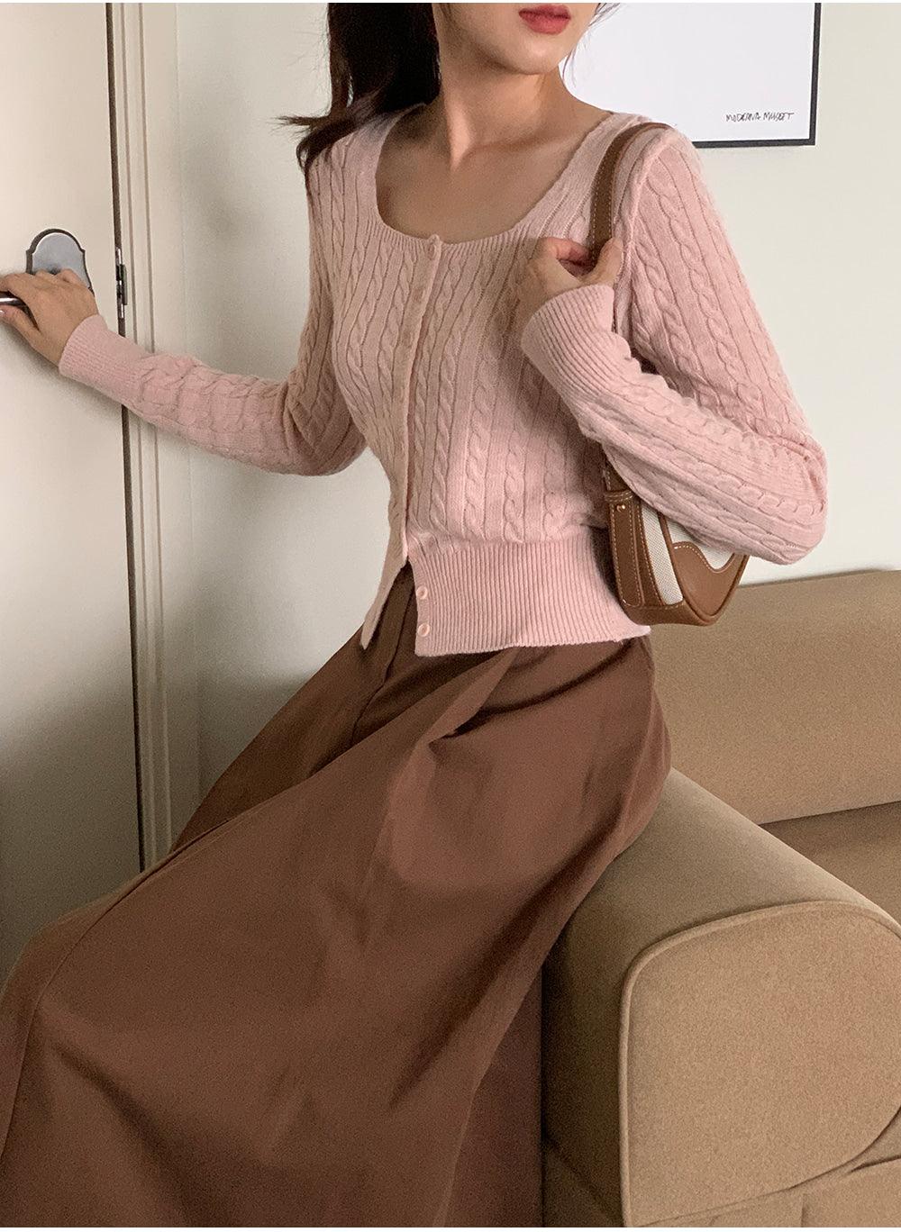 🐑Cashmere!羊絨方領麻花針織開衫<KR> - IKIMSTORE