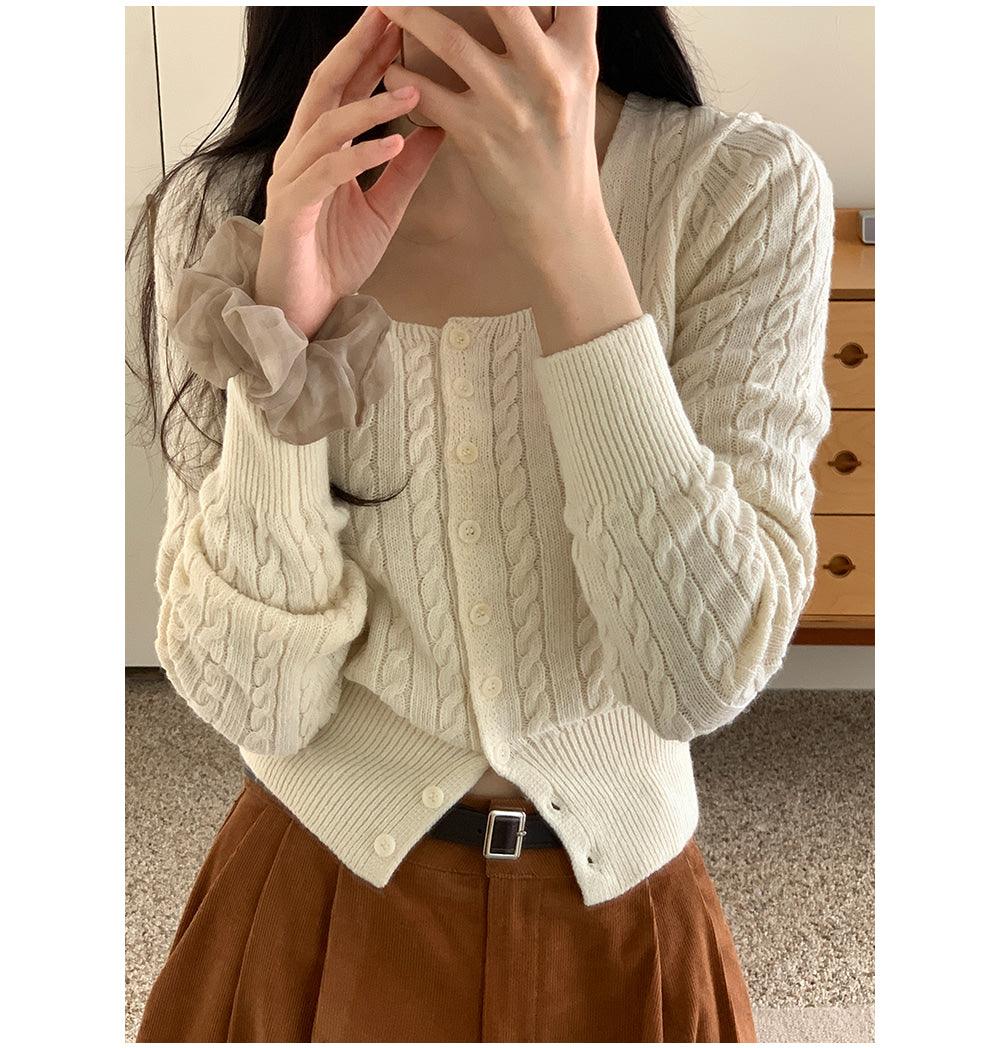 🐑Cashmere!羊絨方領麻花針織開衫<KR> - IKIMSTORE