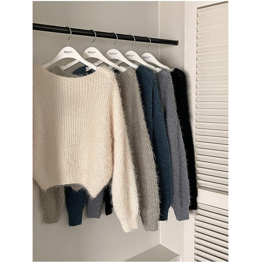 【現貨khaki, blue】🤍韓製絨絨船領針織衫<KR>(5color) - IKIMSTORE