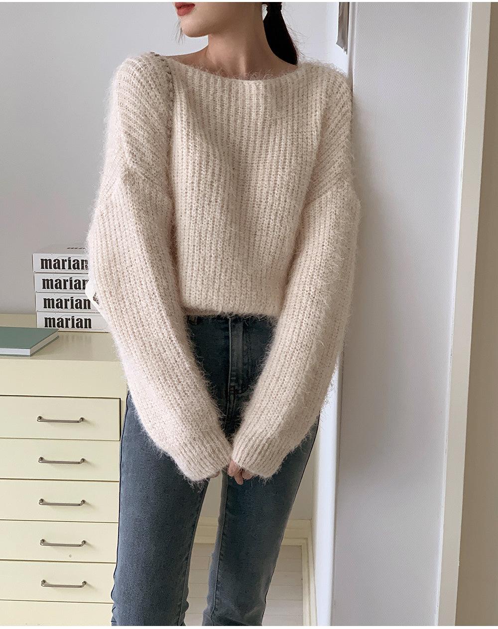 【現貨khaki, blue】🤍韓製絨絨船領針織衫<KR>(5color) - IKIMSTORE