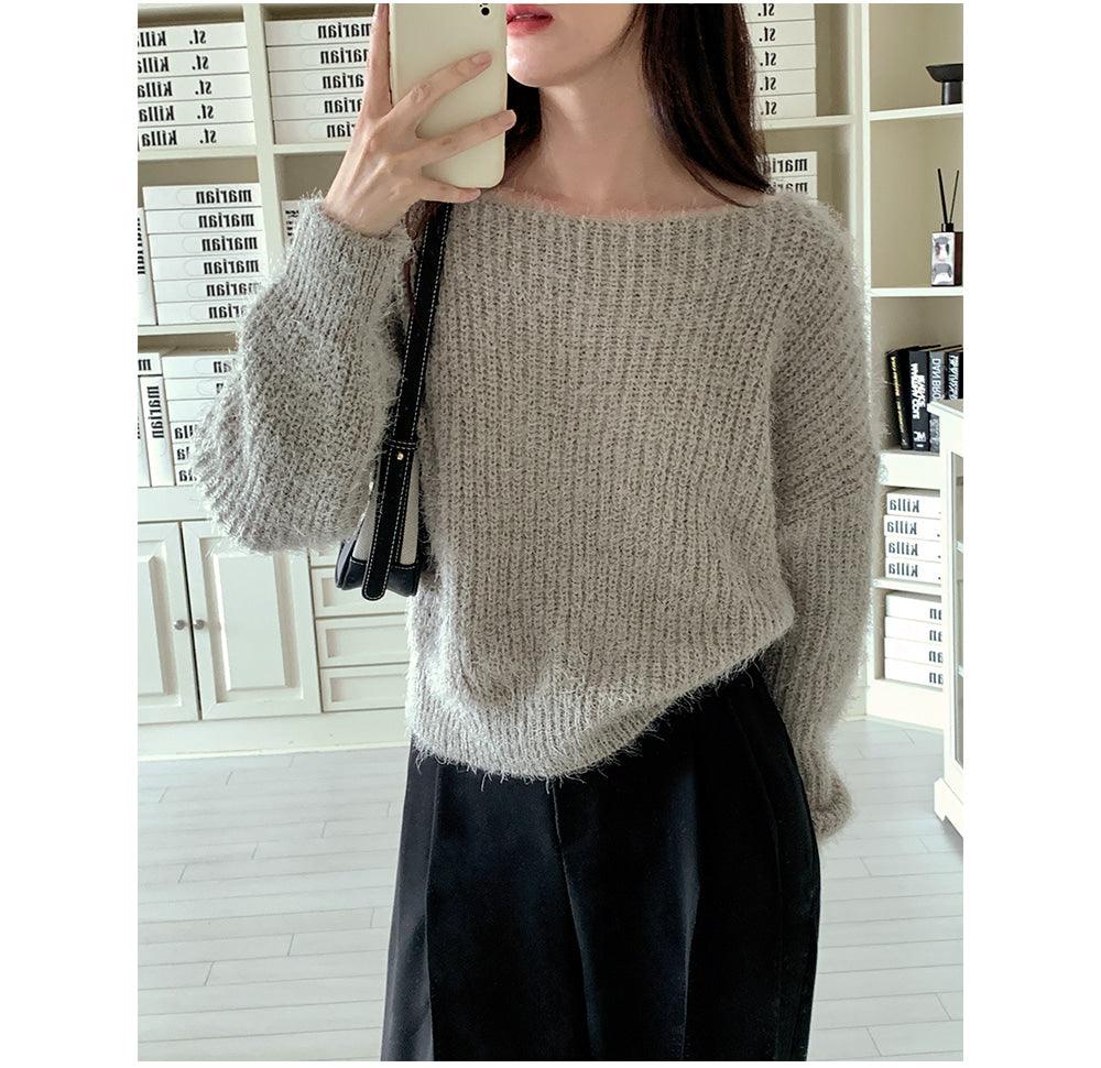 【現貨khaki, blue】🤍韓製絨絨船領針織衫<KR>(5color) - IKIMSTORE