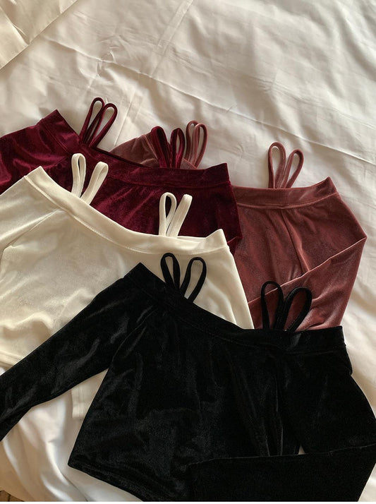 雙吊帶露肩絲絨T恤<KR> - IKIMSTORE