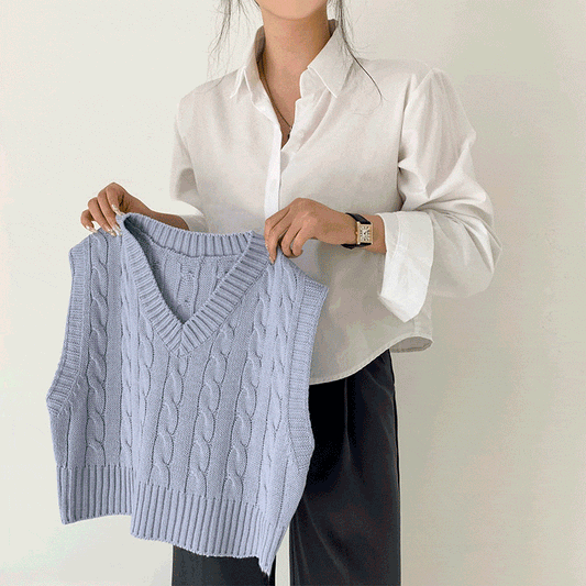 韓製V領麻花短款針織背心<KR> - IKIMSTORE