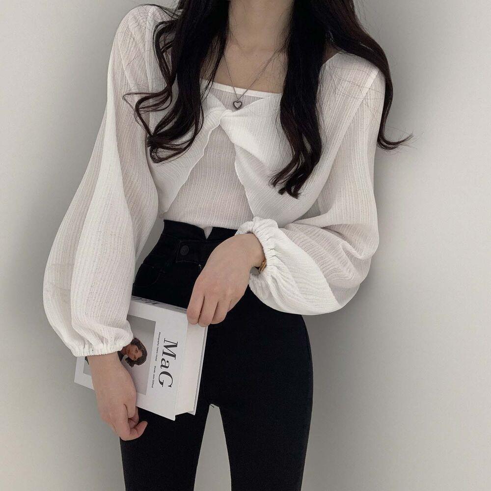 韓製輕盈直紋扭結T恤+背心SET<KR> - IKIMSTORE