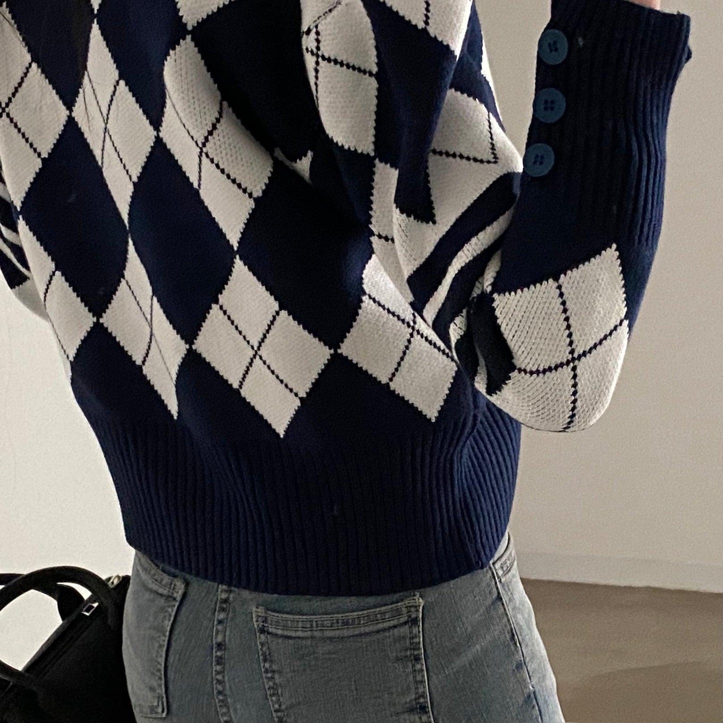 菱格間條拼色針織外套 - IKIMSTORE