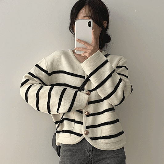 【現貨白黑】韓製條紋金扣口袋外套<KR> - IKIMSTORE