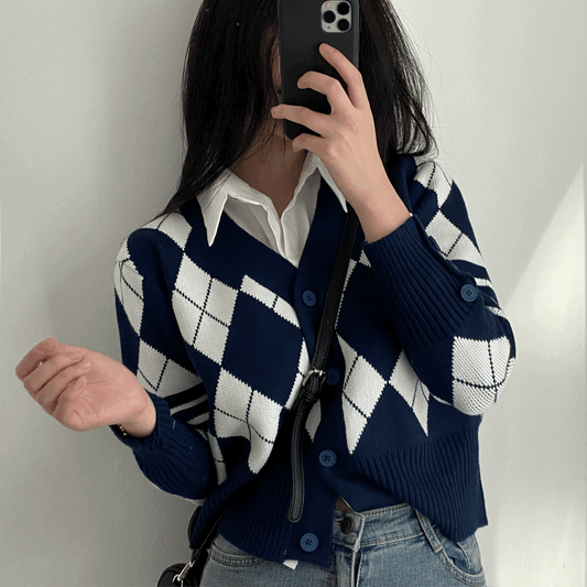 菱格間條拼色針織外套 - IKIMSTORE