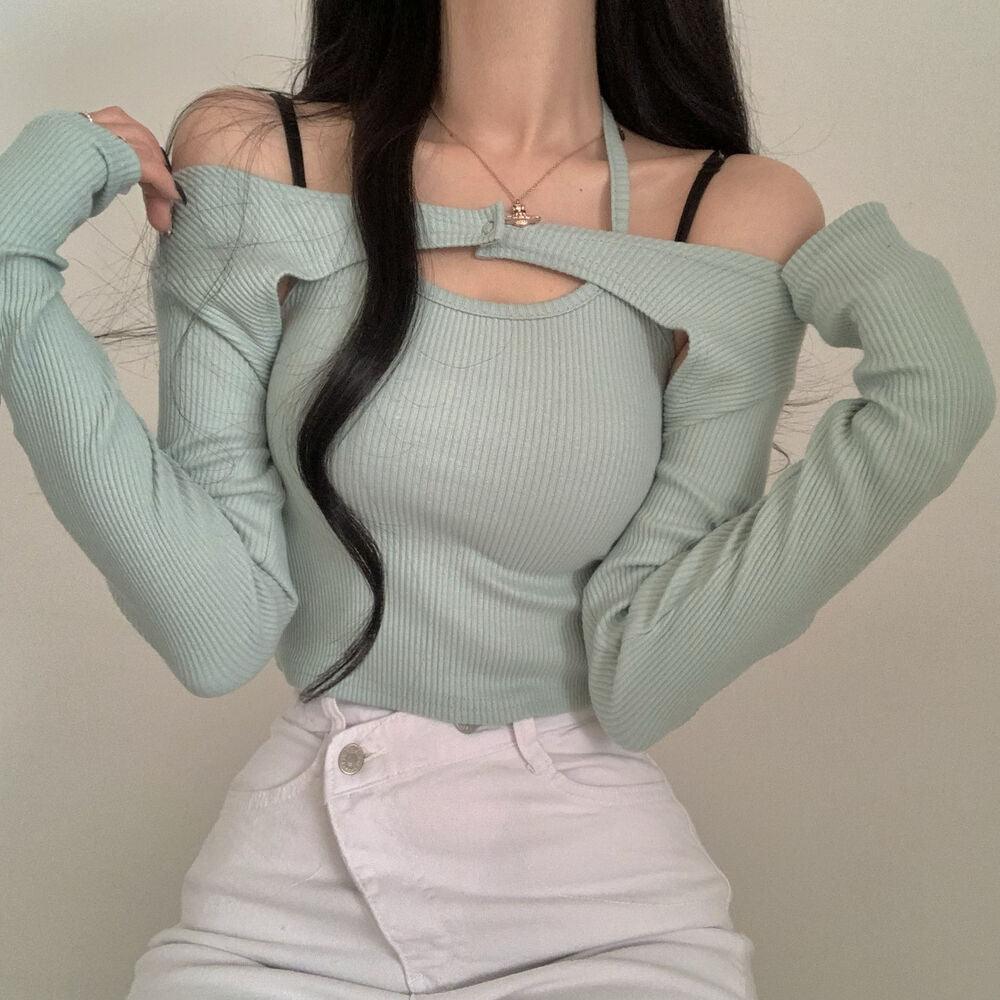 🥂韓製鈕扣短上衣+背心SET - IKIMSTORE