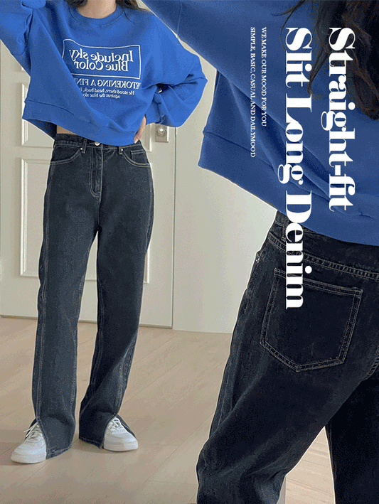 【超顯腿長!】靛藍開衩牛仔直筒褲<KR>(S-2XL) - IKIMSTORE