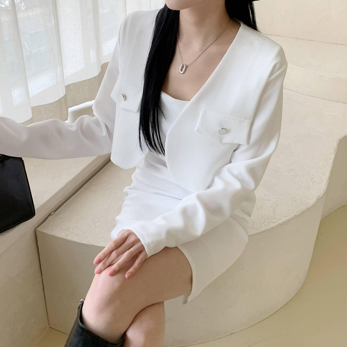 圓角無扣短版夾克+背心裙SET <KR> - IKIMSTORE