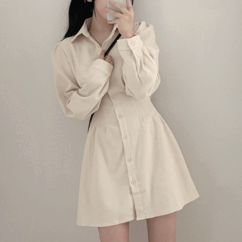 【現貨黑】燈芯絨細褶綁帶恤衫連衣裙(4color) - IKIMSTORE