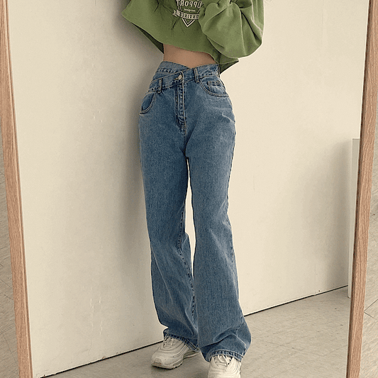 獨特斜腰闊腿牛仔褲(S-L) - IKIMSTORE
