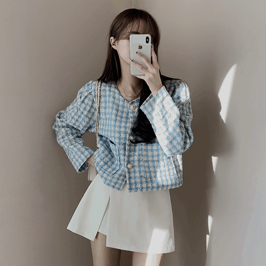 【質量好~珍珠鈕扣!】韓製格紋粗花呢外套 - IKIMSTORE