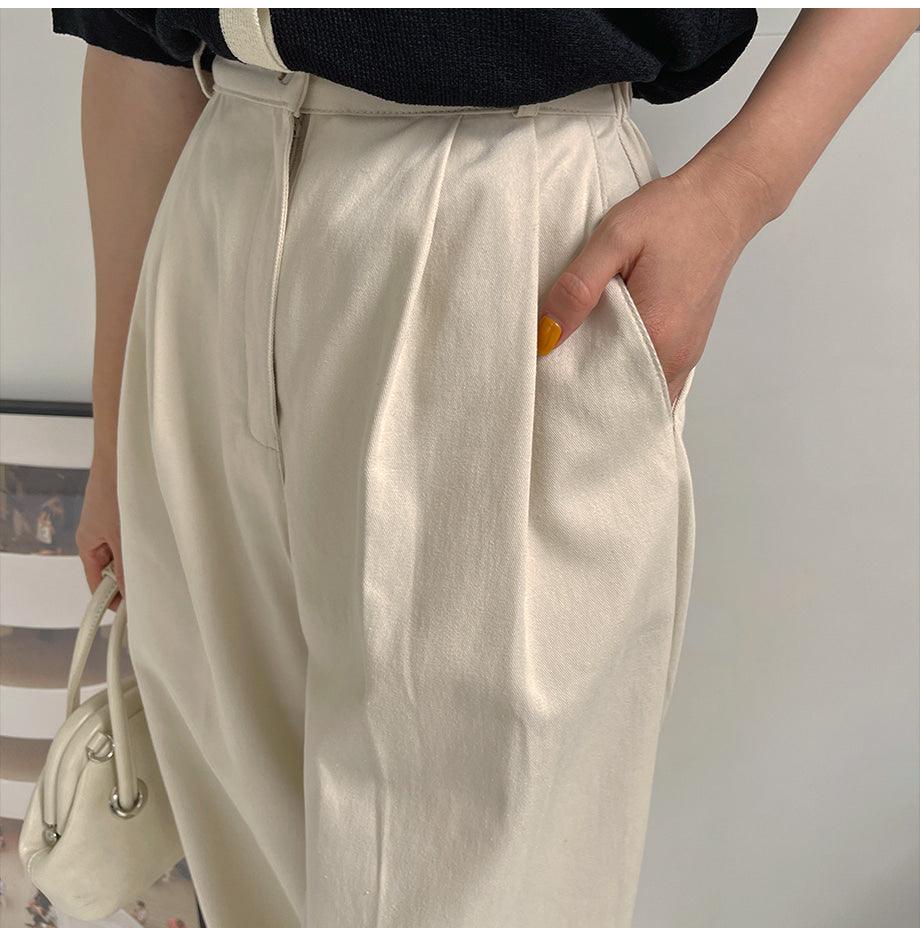 【三種長度/後橡筋腰】兩針褶棉質西裝闊褲<KR>(S~2XL) - IKIMSTORE