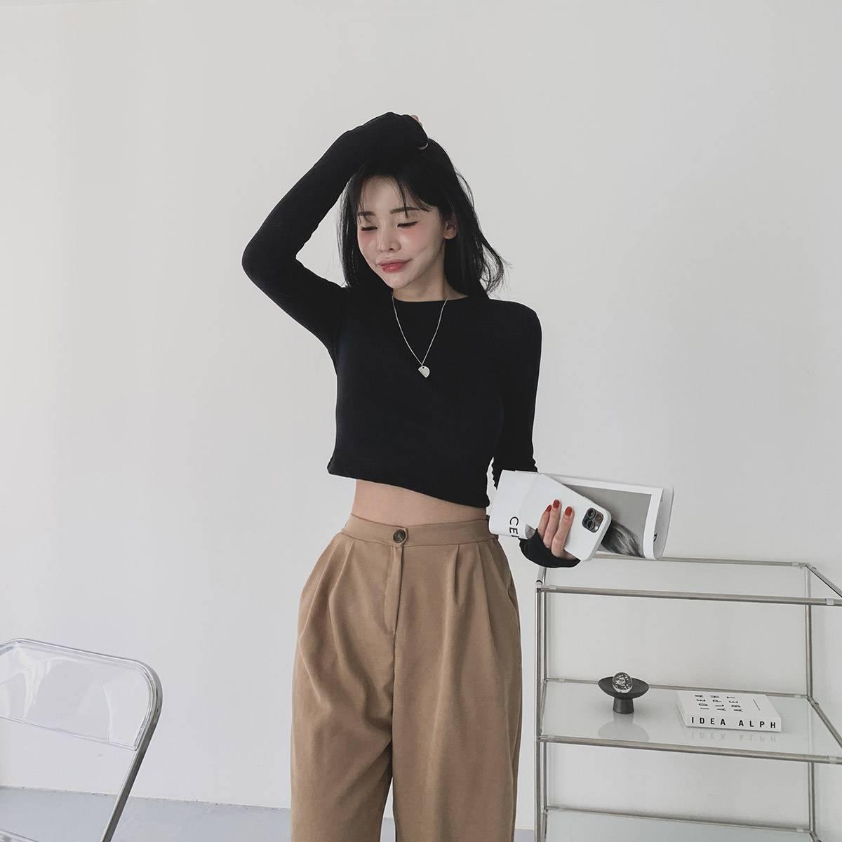 🇰🇷韓製圓領長袖crop top 4色入~ - ikimstore