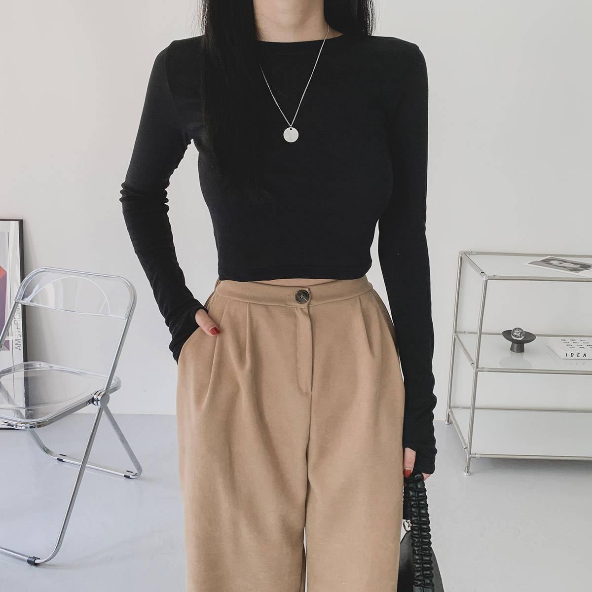 🇰🇷韓製圓領長袖crop top 4色入~ - ikimstore