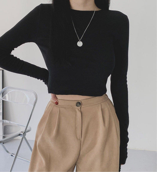 🇰🇷韓製圓領長袖crop top 4色入~ - ikimstore