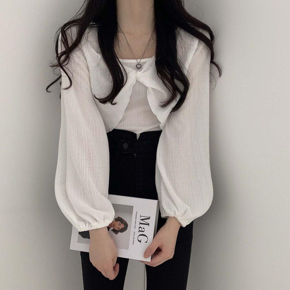韓製輕盈直紋扭結T恤+背心SET<KR> - IKIMSTORE