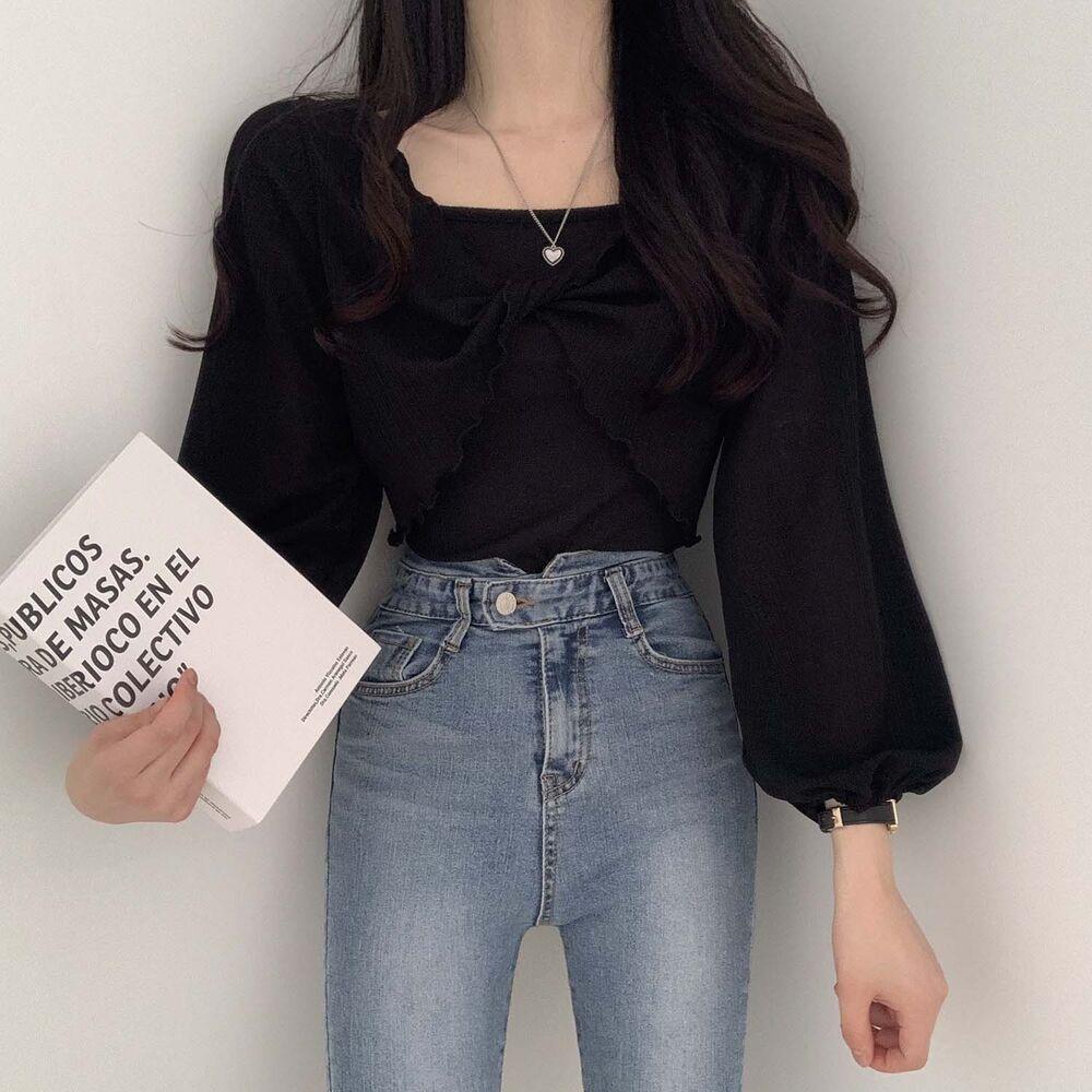 韓製輕盈直紋扭結T恤+背心SET<KR> - IKIMSTORE