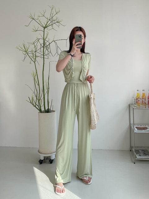 抓皺外套背心褲子休閒套裝♡三件套<KR> - IKIMSTORE