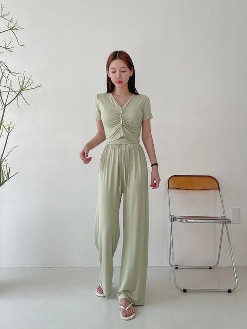 抓皺外套背心褲子休閒套裝♡三件套<KR> - IKIMSTORE