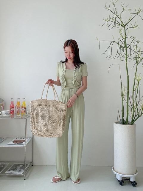 抓皺外套背心褲子休閒套裝♡三件套<KR> - IKIMSTORE