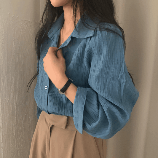 【質感!】免燙料樹紋微泡袖恤衫 - IKIMSTORE