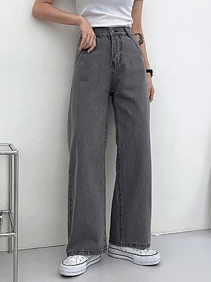 【後鬆緊腰】高腰灰黑牛仔闊腿褲(S-L) - IKIMSTORE