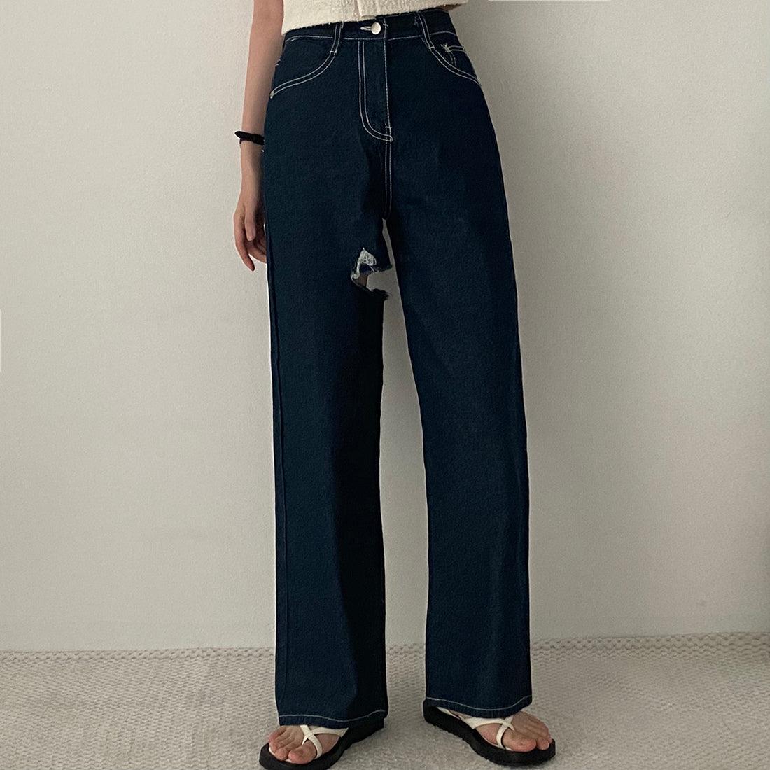 明線大腿割破闊腳牛仔褲<KR> - IKIMSTORE