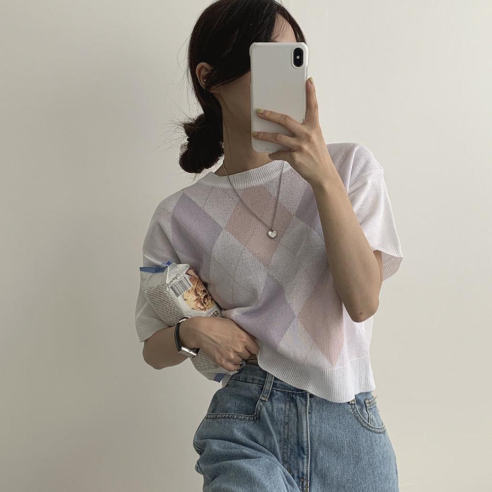 【可愛】韓製溫柔撞色菱格針織上衣<KR> - IKIMSTORE