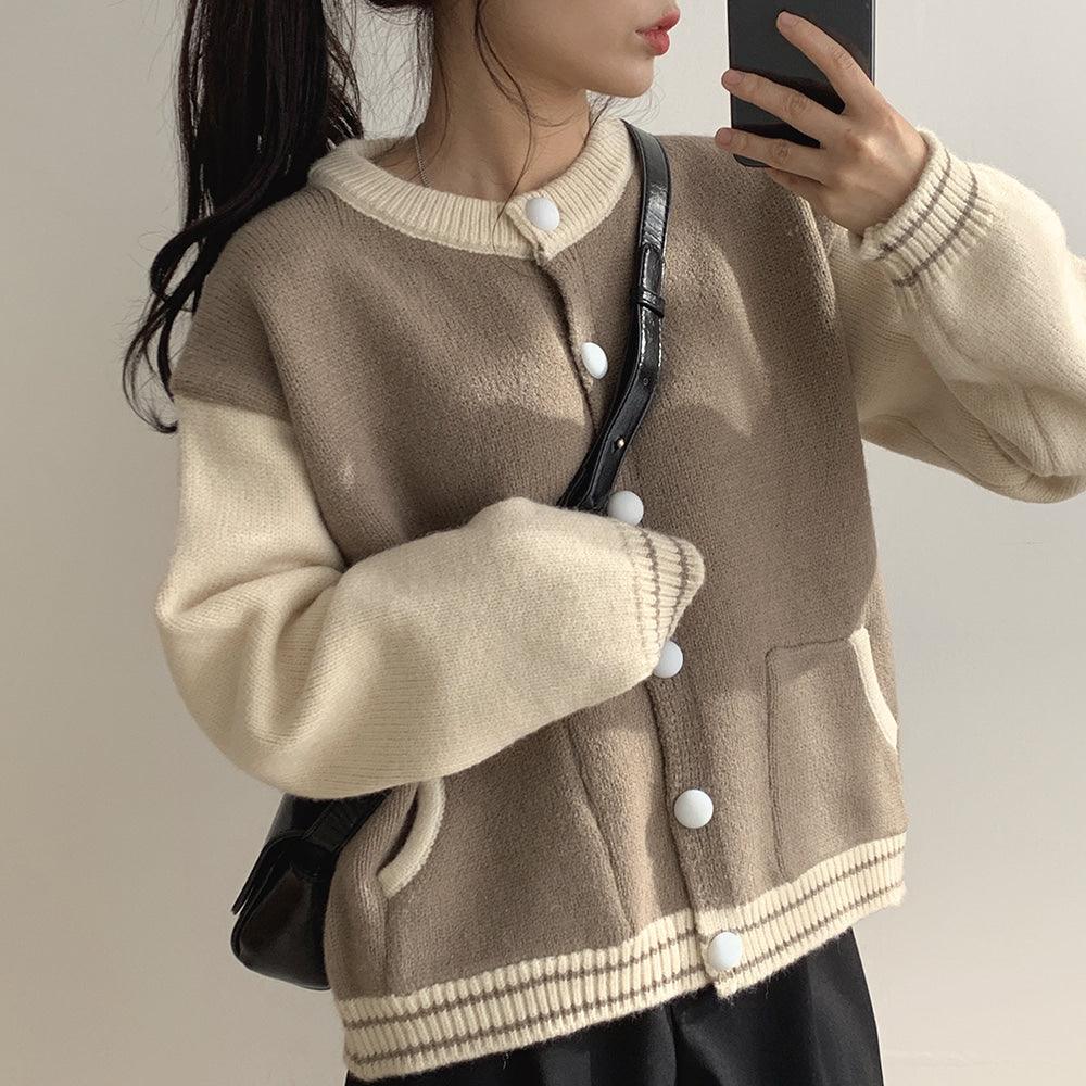 【現貨navy】韓系撞色棒球針織外套 - IKIMSTORE