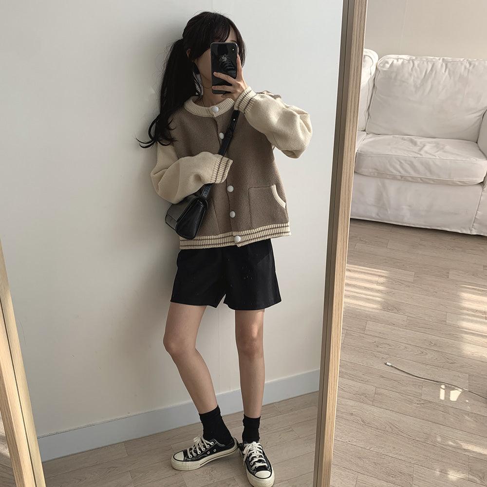 【現貨navy】韓系撞色棒球針織外套 - IKIMSTORE